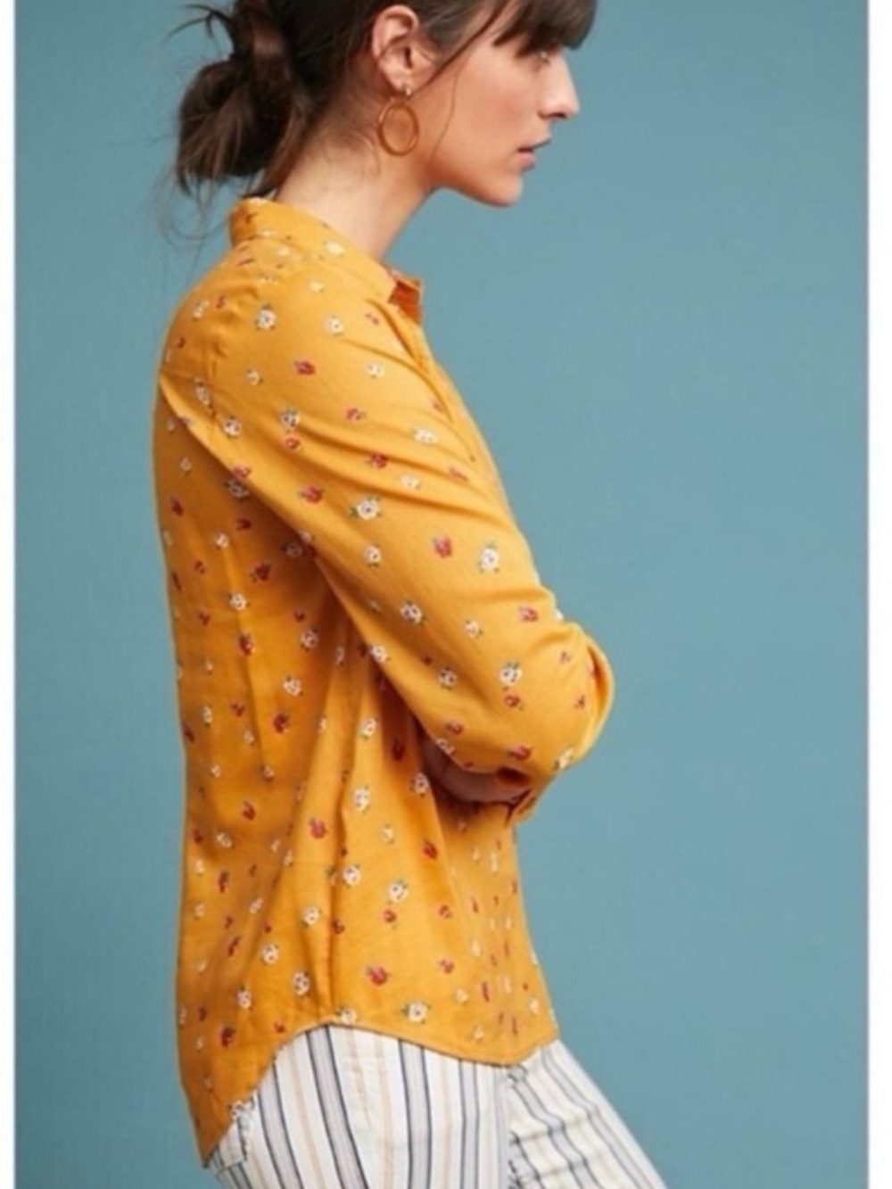 Anthropologie Maeve Phyllis Button Down Shirt Floral Mustard Yellow size 8 - Picture 3 of 11